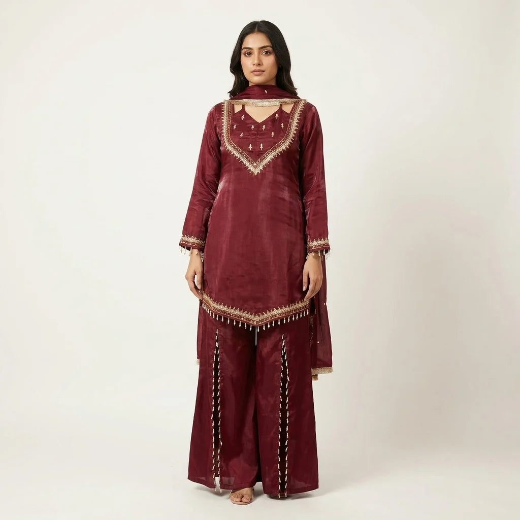 Maroon Silk Blend Pakistani Sharara Kurthi Set