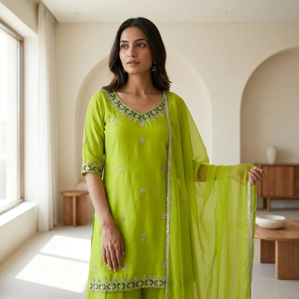 Green 90’s Georgette 3-Piece Kurthi Set