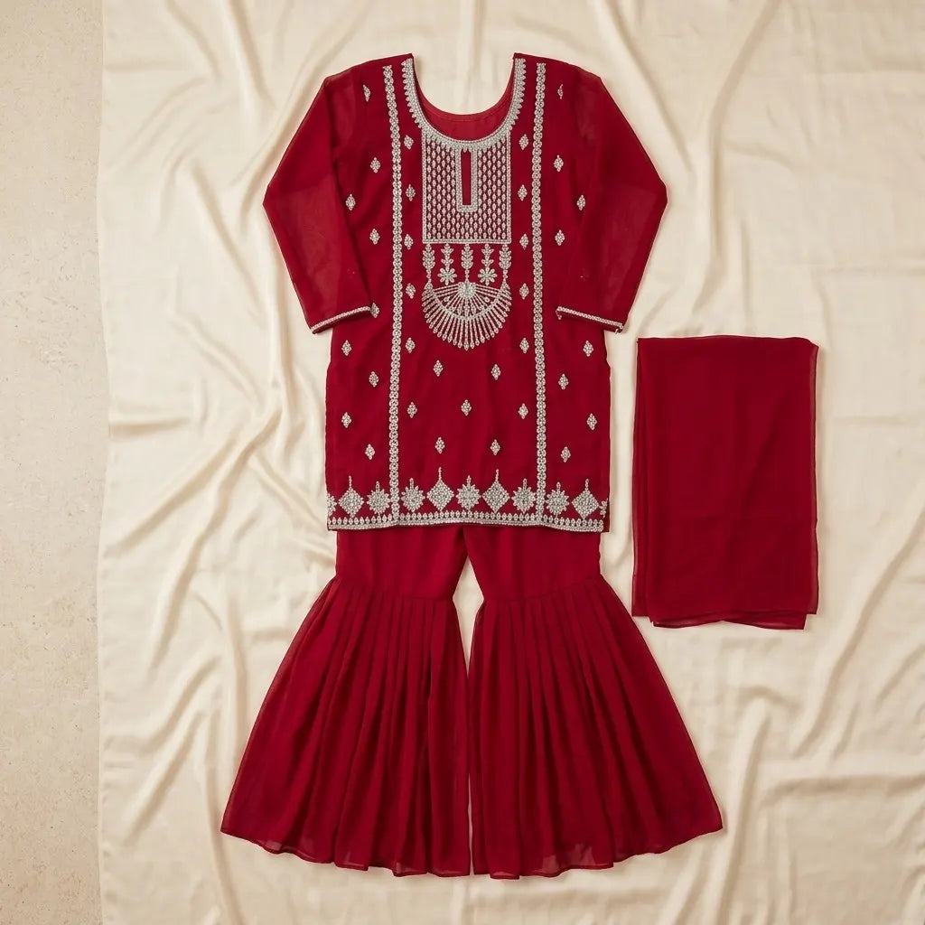 Women's Maroon Georgette 3-Piece Kurthi Set – Size 38