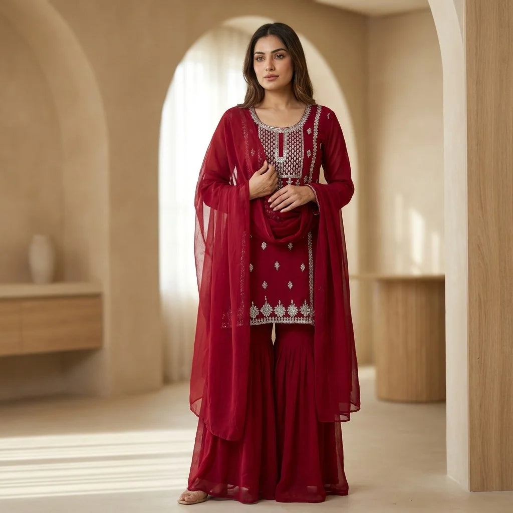 Women's Maroon Georgette 3-Piece Kurthi Set – Size 38