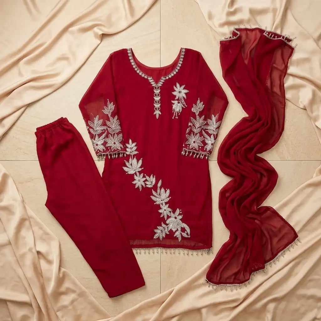 Women's Red Georgette 3-Piece Kurthi Set - Size 40