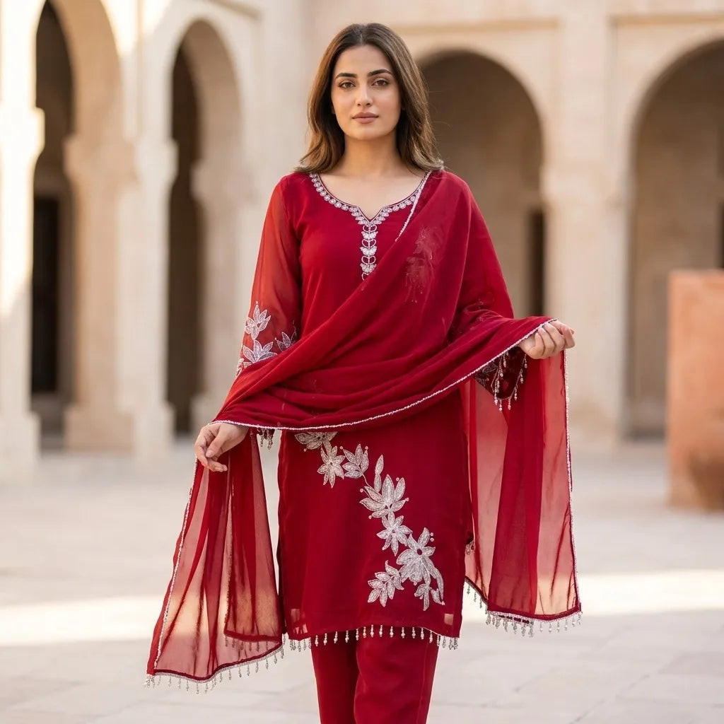 Women's Red Georgette 3-Piece Kurthi Set - Size 40