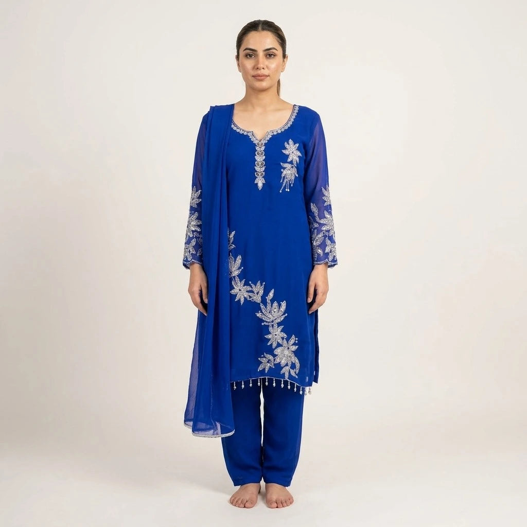Pakistani Georgette Kurthi Set with Silver Floral Appliqué - Size 40