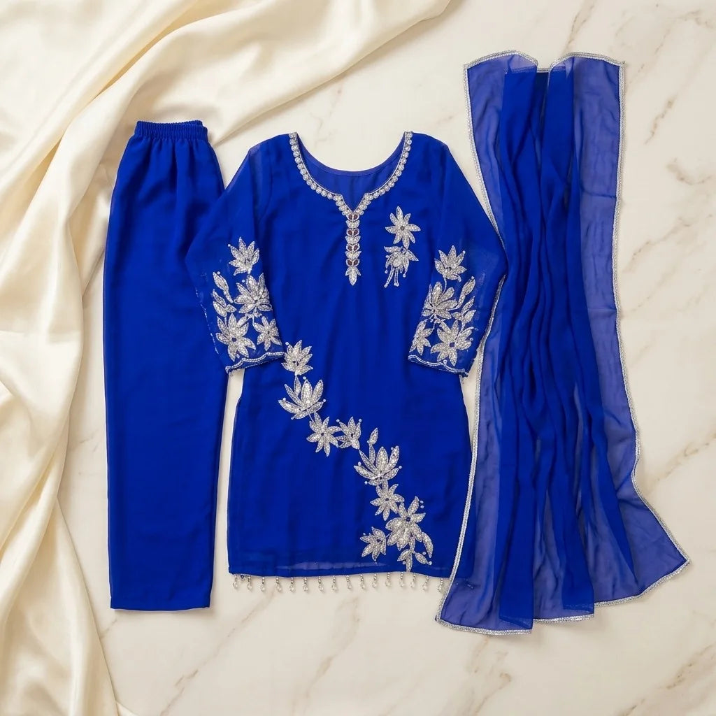 Pakistani Georgette Kurthi Set with Silver Floral Appliqué - Size 40
