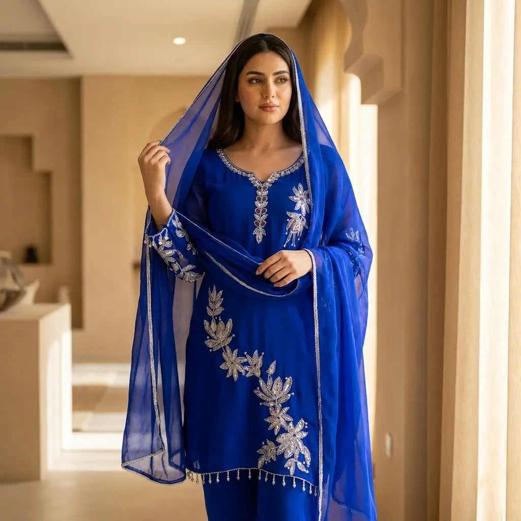 Pakistani Georgette Kurthi Set with Silver Floral Appliqué - Size 40