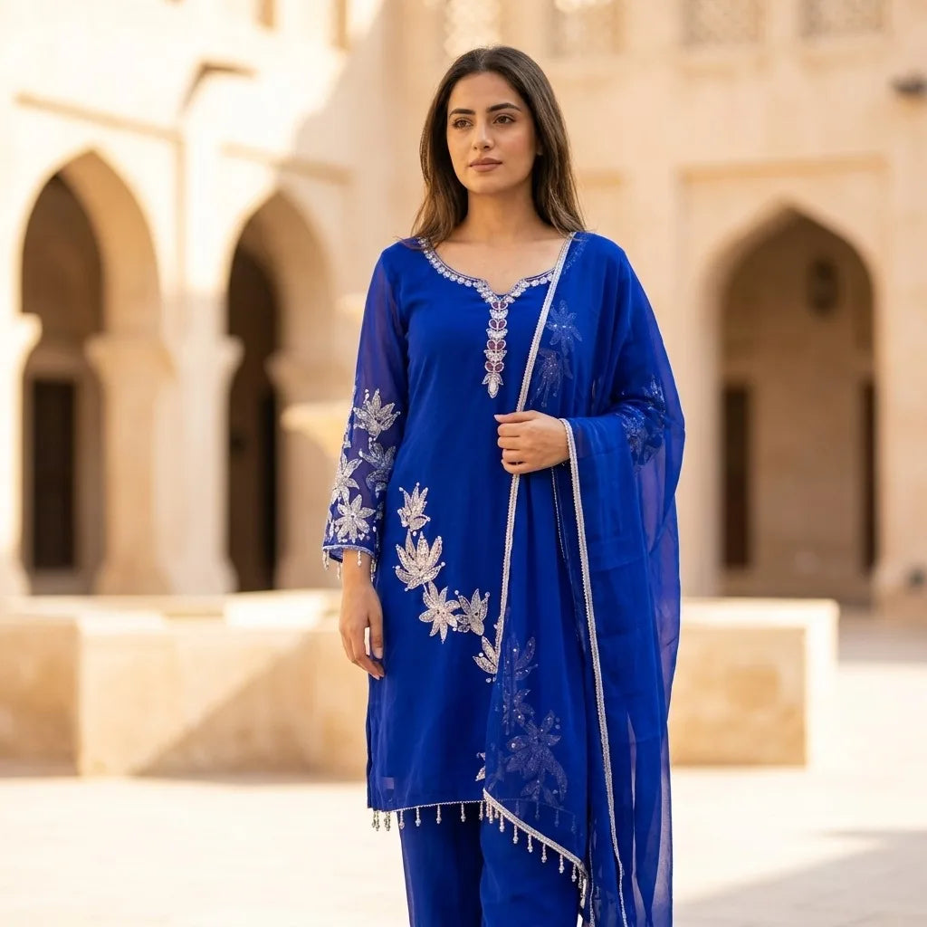 Pakistani Georgette Kurthi Set with Silver Floral Appliqué - Size 40