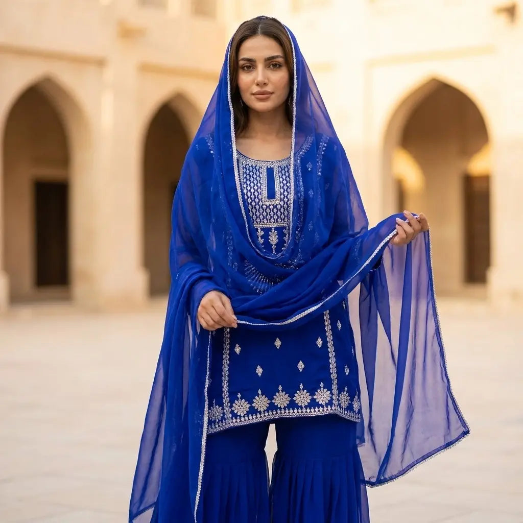 Women's Blue Georgette 3-Piece Kurthi Set - Size 38