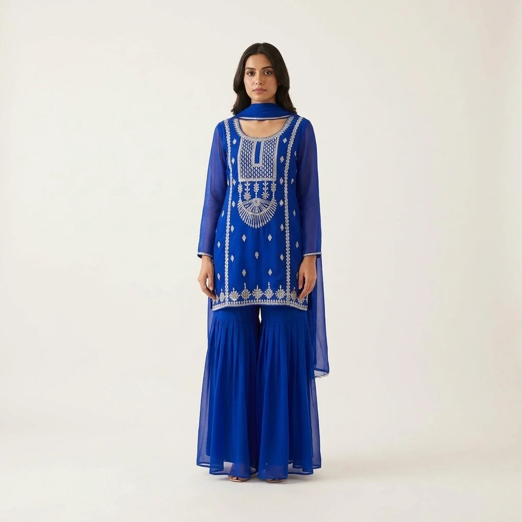 Women's Blue Georgette 3-Piece Kurthi Set - Size 38