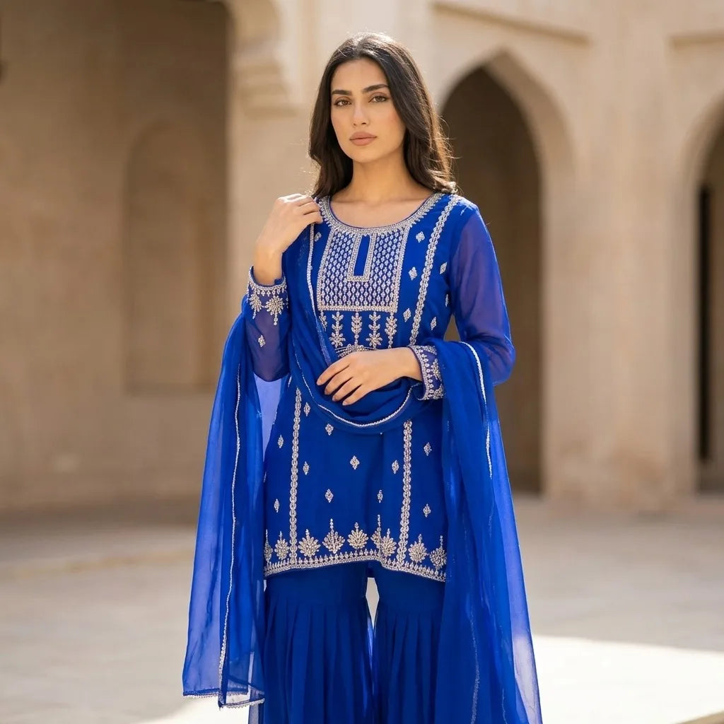 Women's Blue Georgette 3-Piece Kurthi Set - Size 38