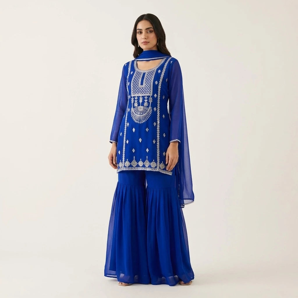 Women's Blue Georgette 3-Piece Kurthi Set - Size 38