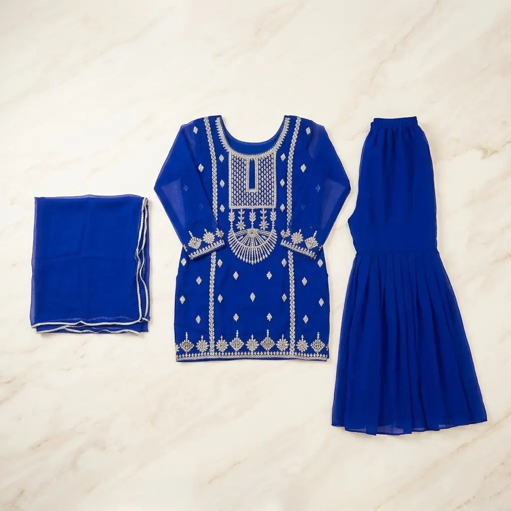 Women's Blue Georgette 3-Piece Kurthi Set - Size 38