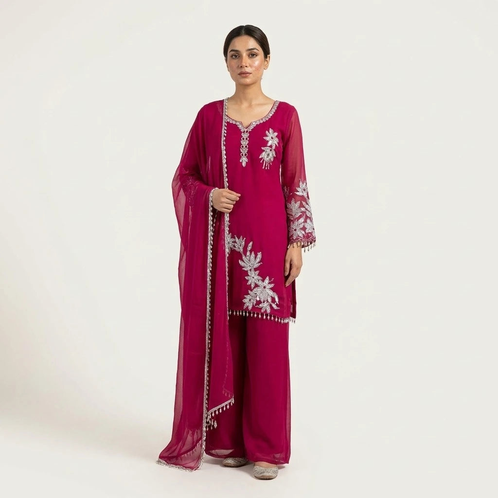 Pakistani  Kurthi Set with Silver Floral Appliqué - Size 40