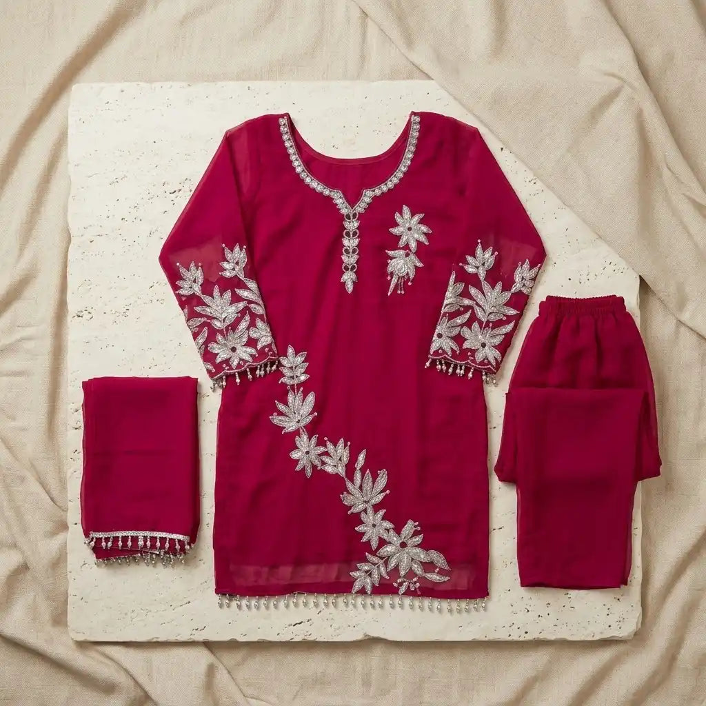 Pakistani  Kurthi Set with Silver Floral Appliqué - Size 40