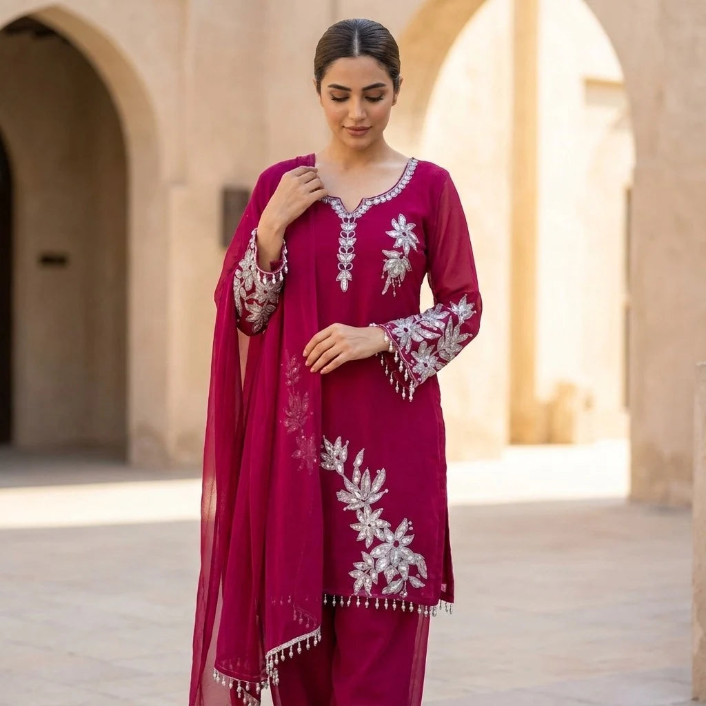 Pakistani  Kurthi Set with Silver Floral Appliqué - Size 40