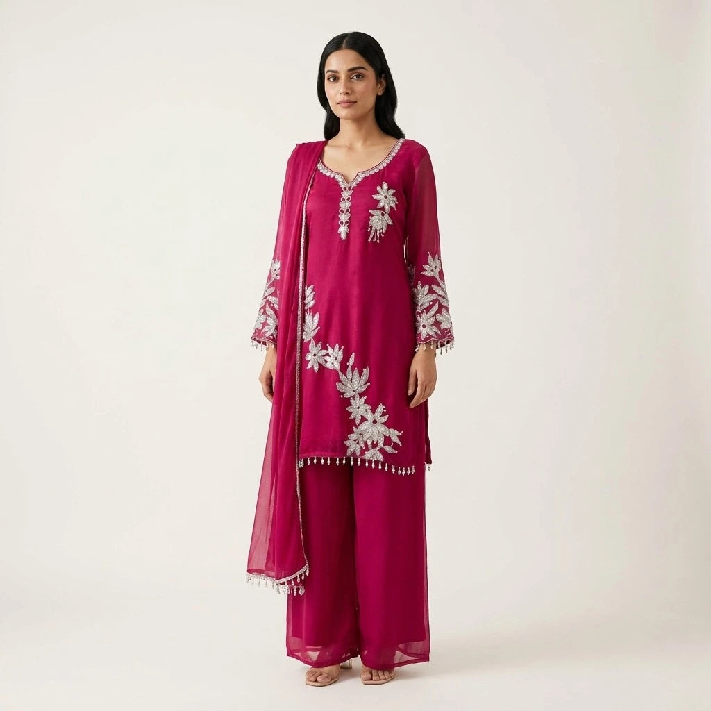 Pakistani  Kurthi Set with Silver Floral Appliqué - Size 40