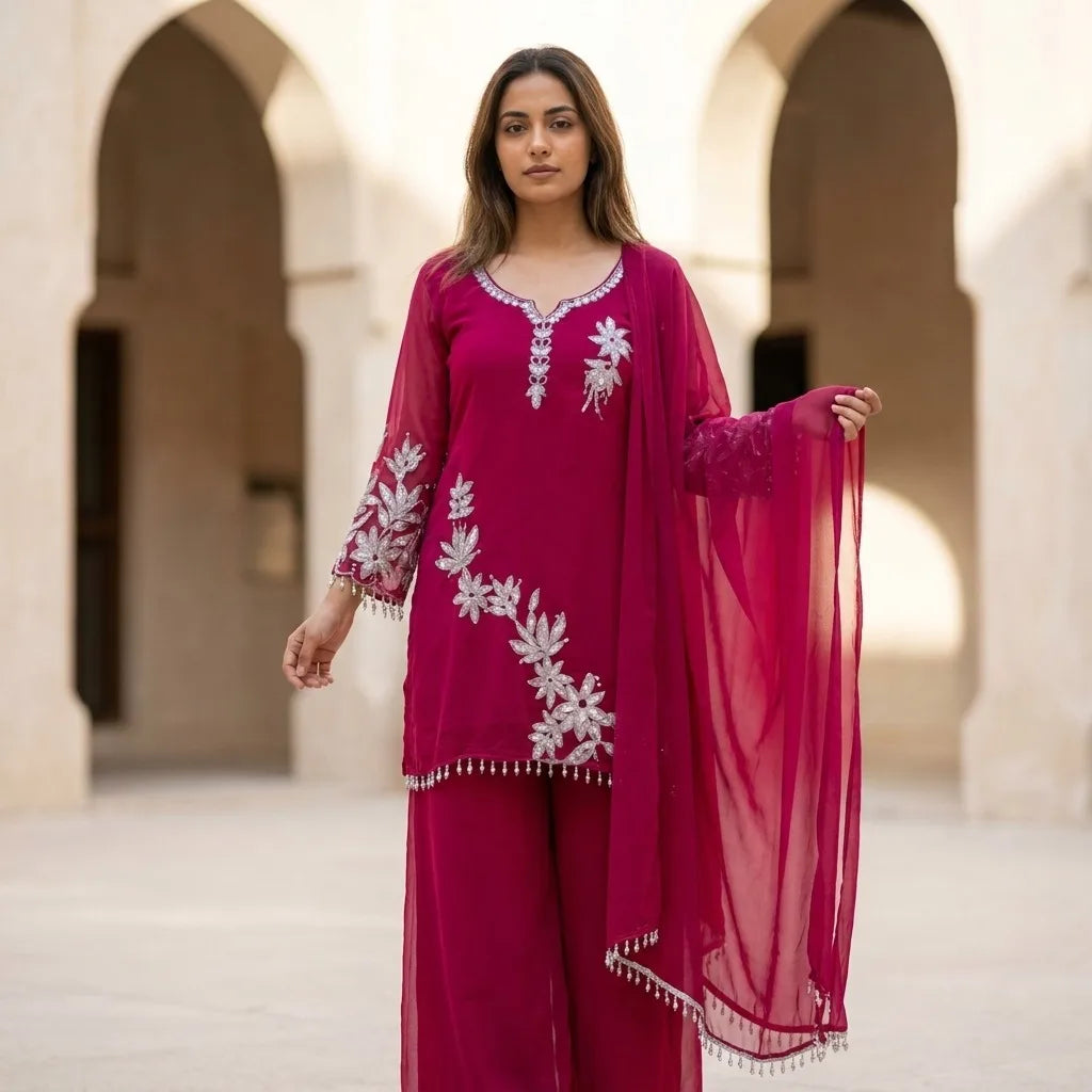 Pakistani  Kurthi Set with Silver Floral Appliqué - Size 40