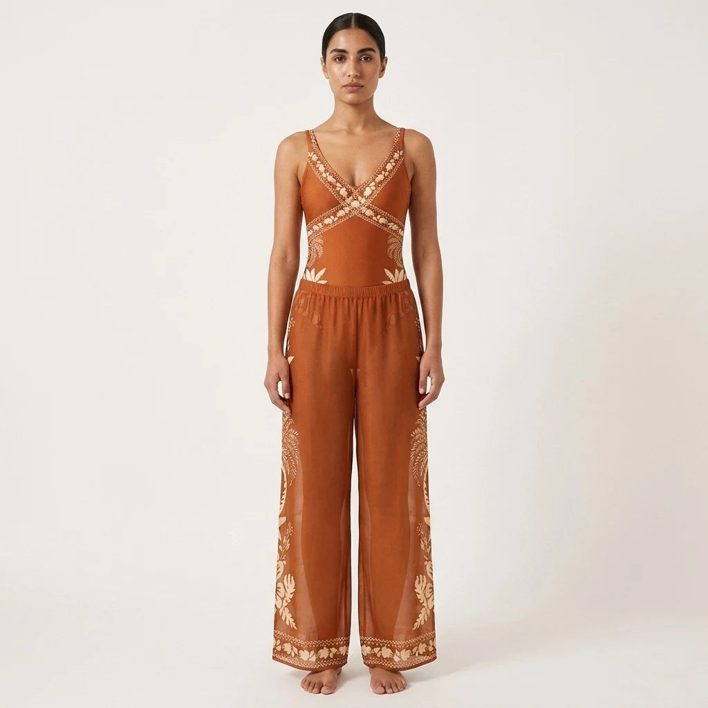 Rust Tropical Print Swimming Dress