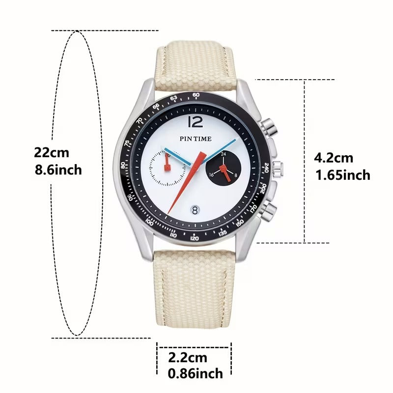 PINTIME Men's Quartz Watch | Chronograph Calendar 6-Hand | Waterproof Sports Watch | PU Leather Strap | Zinc Alloy Case