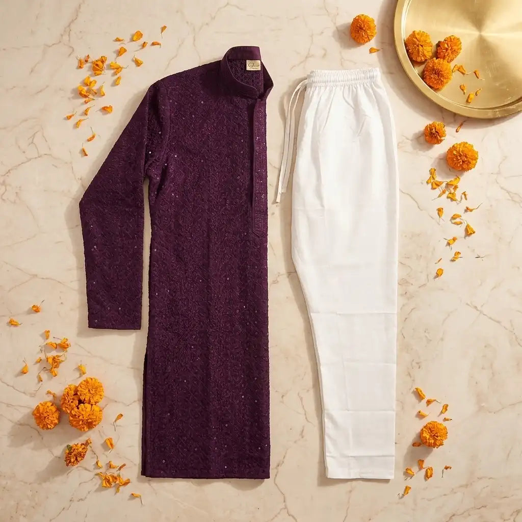 Men's Purple Chikankari Kurta Pyjama Set