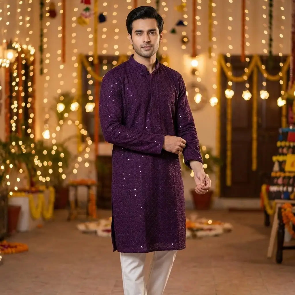 Men's Purple Chikankari Kurta Pyjama Set