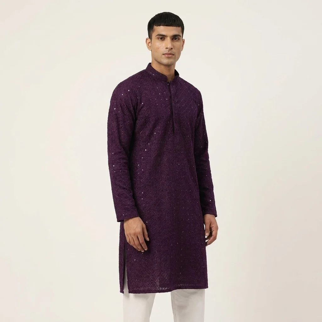 Men's Purple Chikankari Kurta Pyjama Set