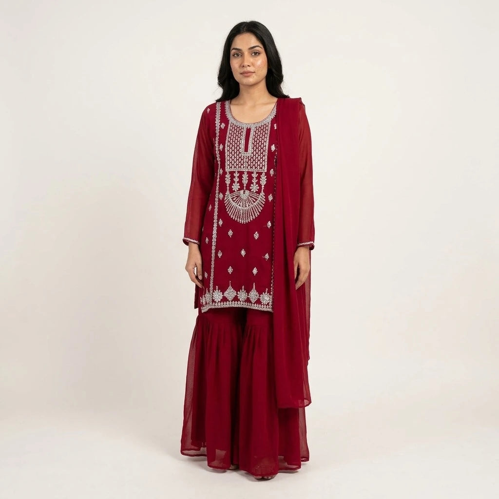 Women's Maroon Georgette 3-Piece Kurthi Set – Size 38