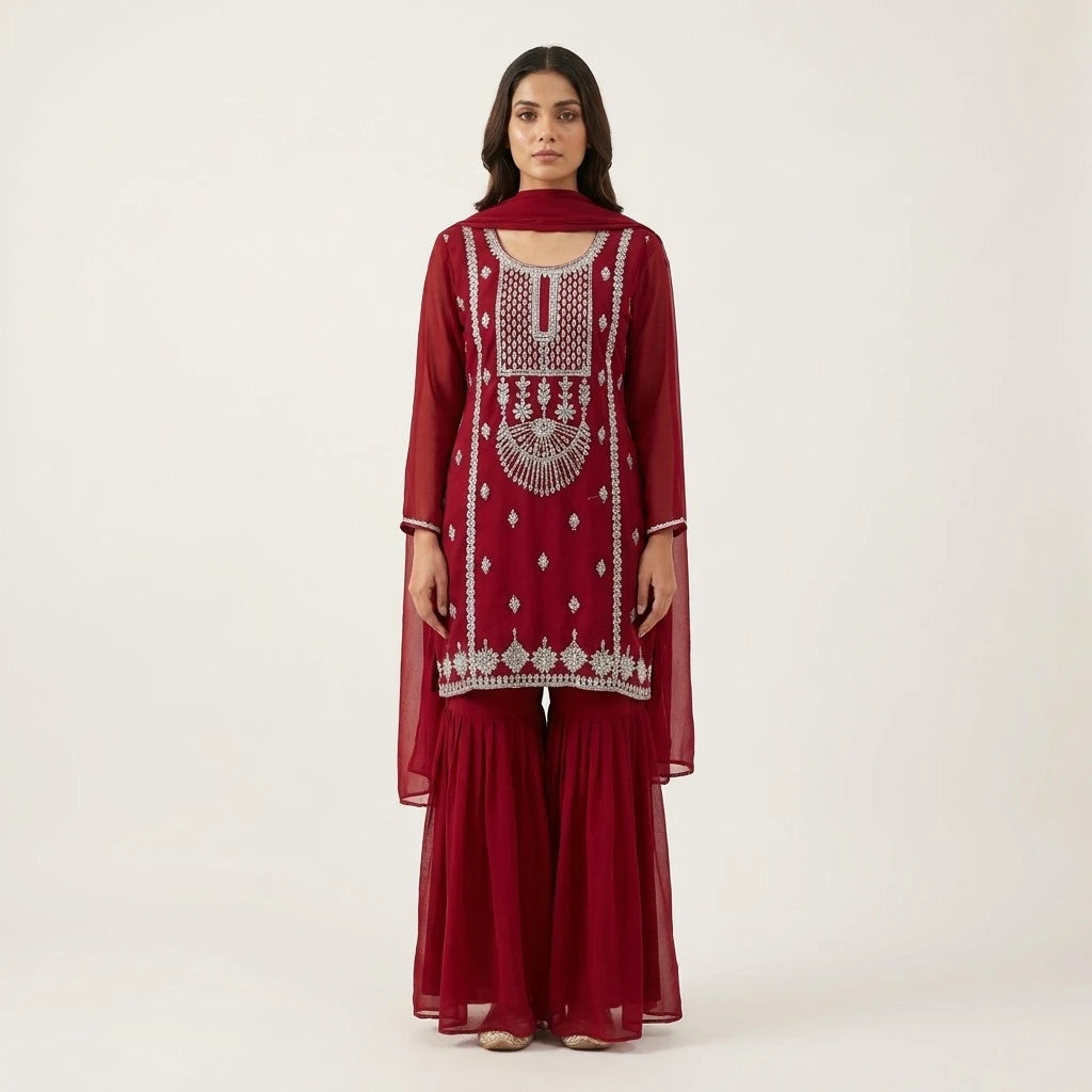 Women's Maroon Georgette 3-Piece Kurthi Set – Size 38