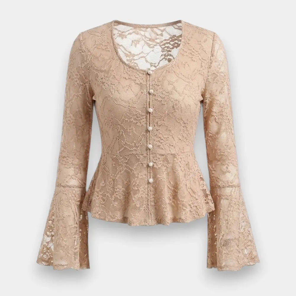 Elegant Lace Flare Sleeve Blouse – Slim Fit Ruffle Pleated Top for Women
