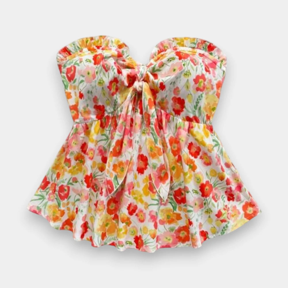 Women's Floral Print Ruffle Trim Bandeau Blouse – Resort Woven Top - Size Small