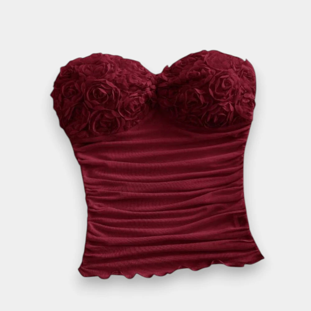 Women's 3D Rose Ruched Bandeau Crop Tube Top