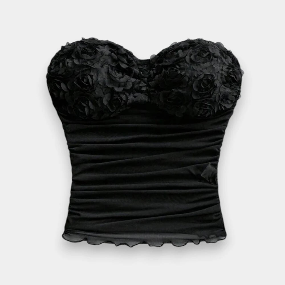 Women's 3D Rose Ruched Bandeau Crop Tube Top