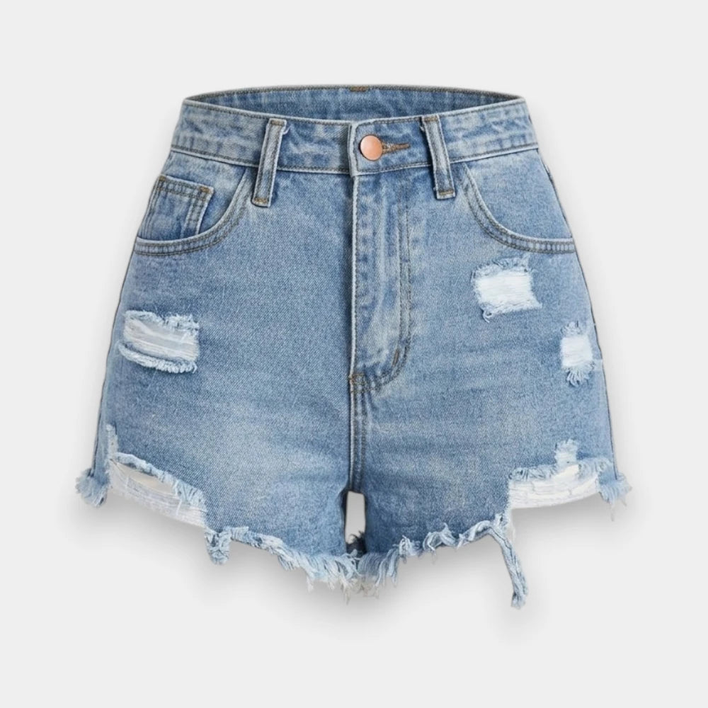 Women's High Waist Ripped Raw Trim Denim Shorts