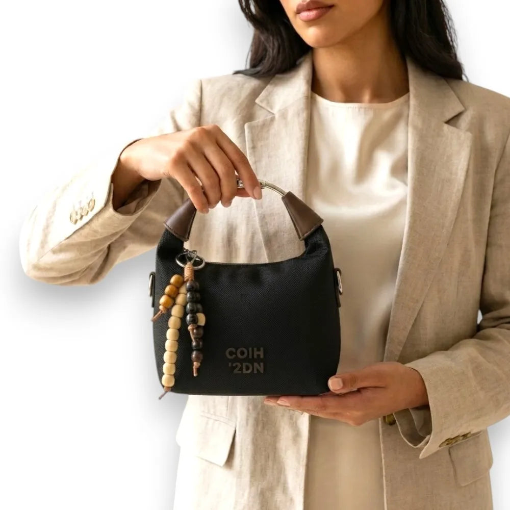 Black Canvas Handbag with Beaded Charm