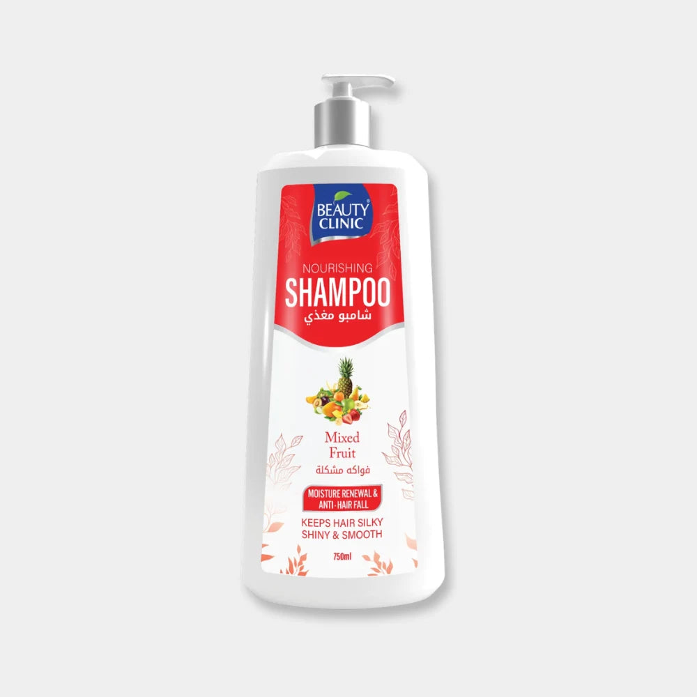 A 700ml white plastic pump bottle of Beauty Clinic Niacin Wrapping Shampoo, featuring a red and white label with illustrations of mixed fruit, set against a light gray background.