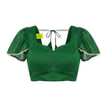 Solid Green Blouse with Pearl-Embellished Puff Sleeves