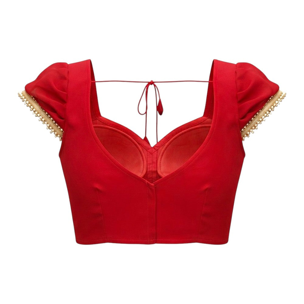 Solid Red Blouse with Pearl-Embellished Puff Sleeves