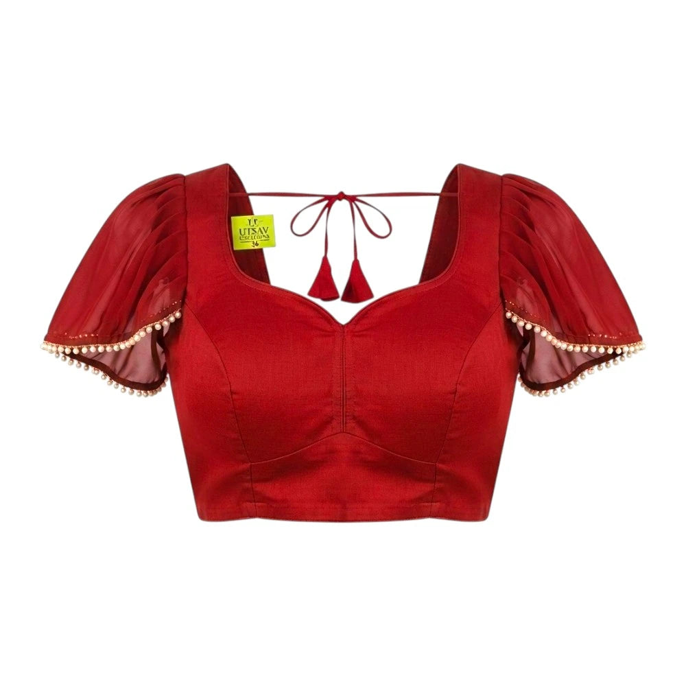 Solid Red Blouse with Pearl-Embellished Puff Sleeves