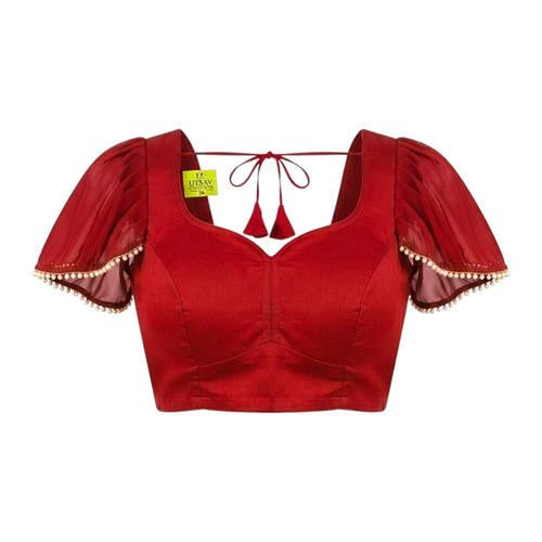 Solid Red Blouse with Pearl-Embellished Puff Sleeves