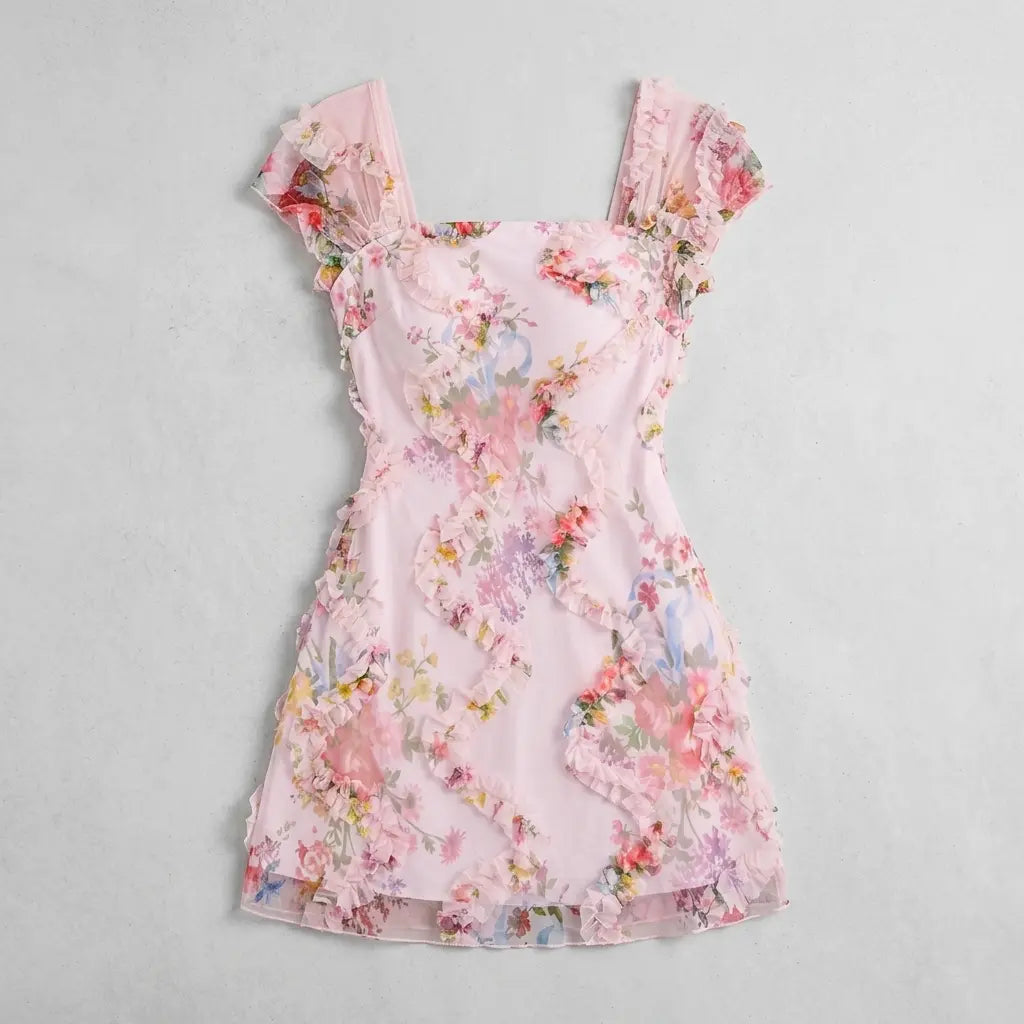 Vintage Oil Painting Floral Sheer Mesh Frill Trim Bodycon Slip Dress – Pink