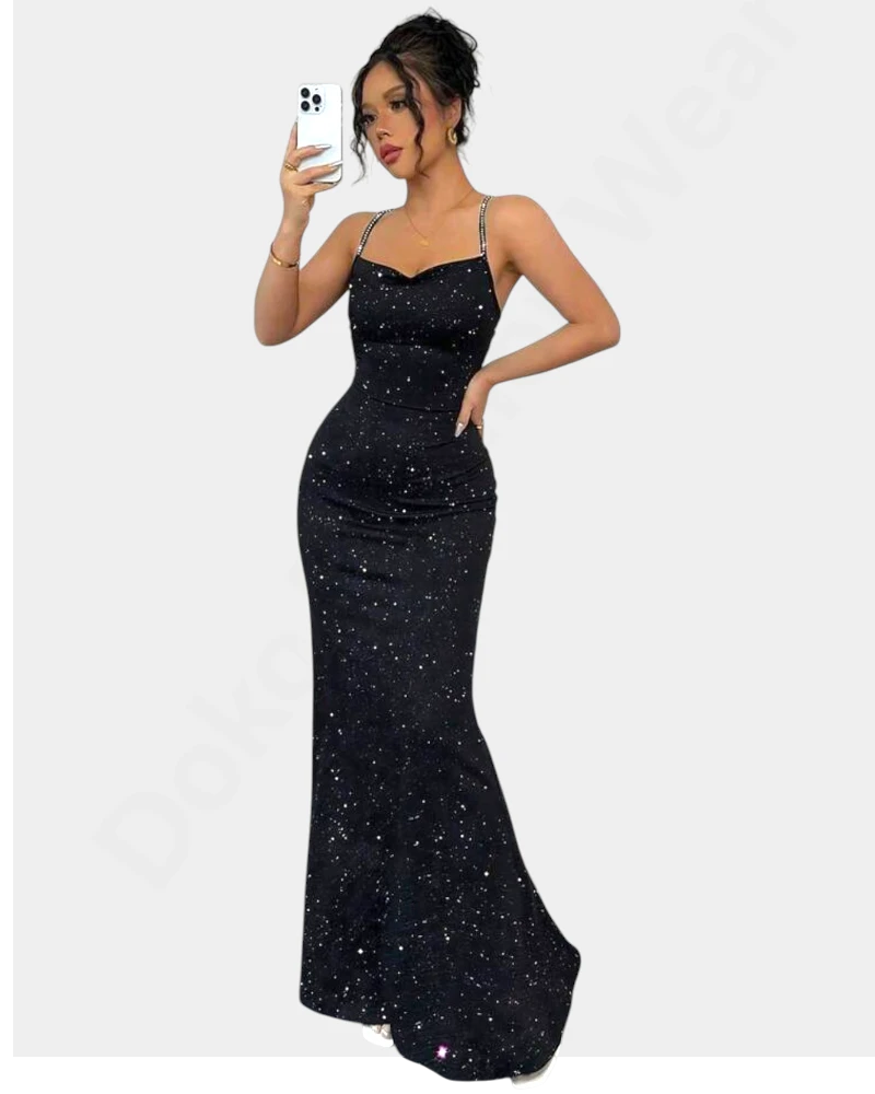 فستان ضيق بدون أكمام، فستان طويل مزين بالريش