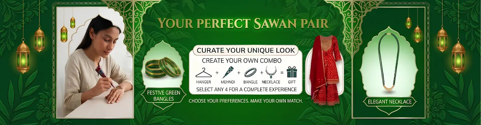 Promotional banner for a Ramadan/Eid gift set titled 'YOUR PERFECT SAWAN PAIR' on a dark green patterned background. It includes a woman in prayer, green dates, a red garment, and a necklace, with text suggesting curating a unique look and choosing any for a complete experience.