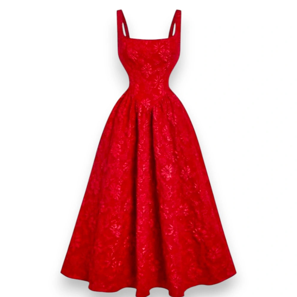 Red Smocked Square Neck Dress