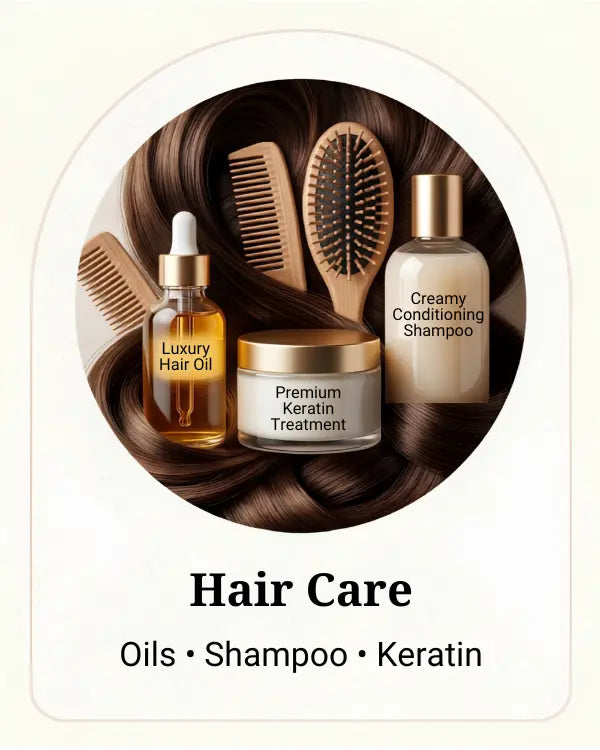 A hair care product set featuring a bottle of luxury hair oil, a jar of premium keratin treatment, and a bottle of creamy conditioning shampoo, arranged with wooden combs and a brush on a bed of dark brown hair. The products are presented inside an arched oval frame with the text 'Hair Care' and 'Oils • Shampoo • Keratin' below.