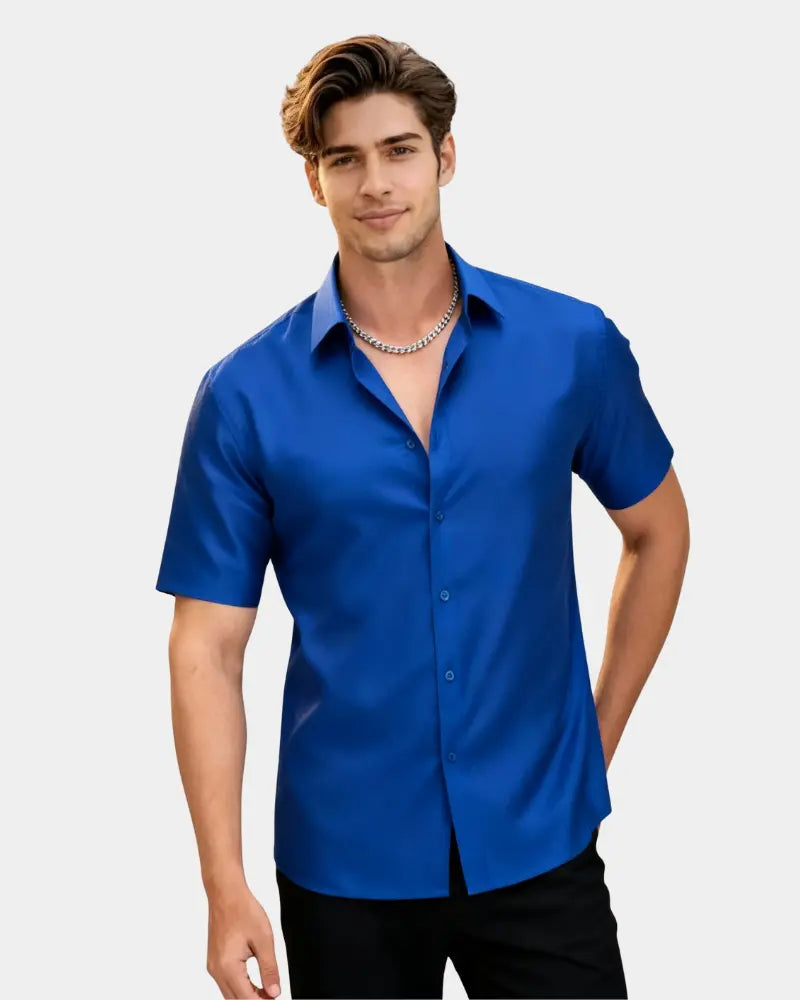 Half Sleeve Luxurious Silk Shirt Color - Blue