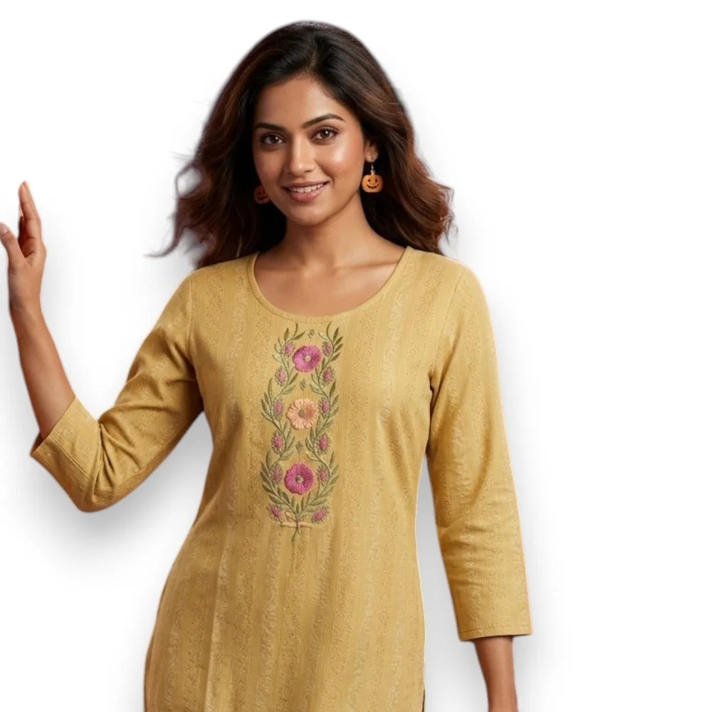 Yellow Floral Embroidered Kurthi Top - Size 38