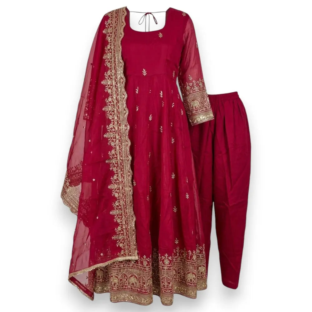 Rani Pink Embroidered Anarkali 3-Piece Kurti Set