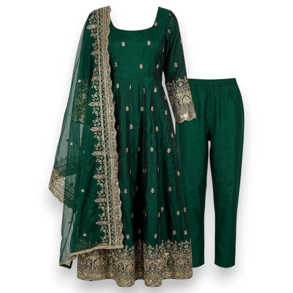 Royal Green Embroidered Anarkali 3-Piece Kurti Set