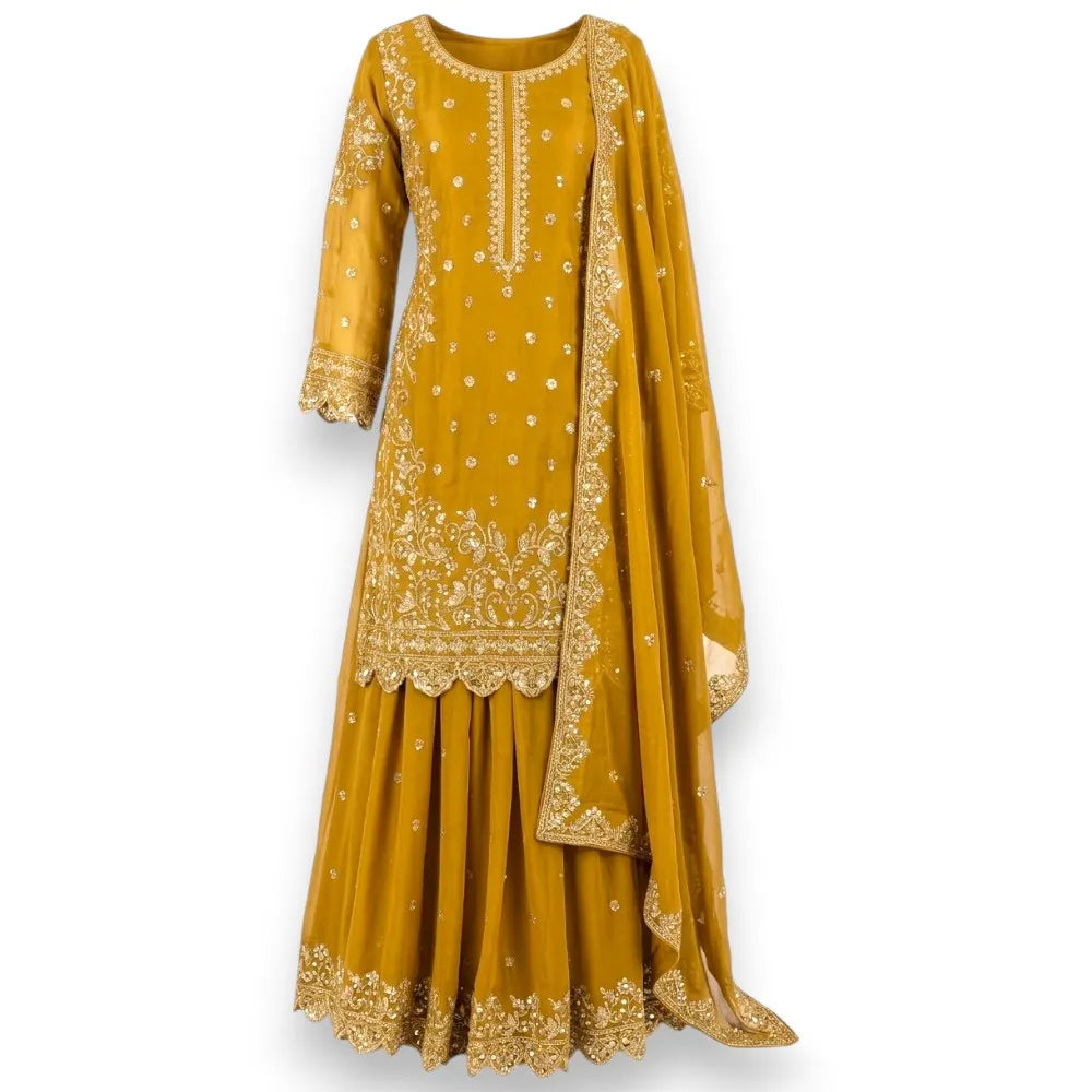 Mustard Yellow Heavily Embroidered Kurti Set Qatar