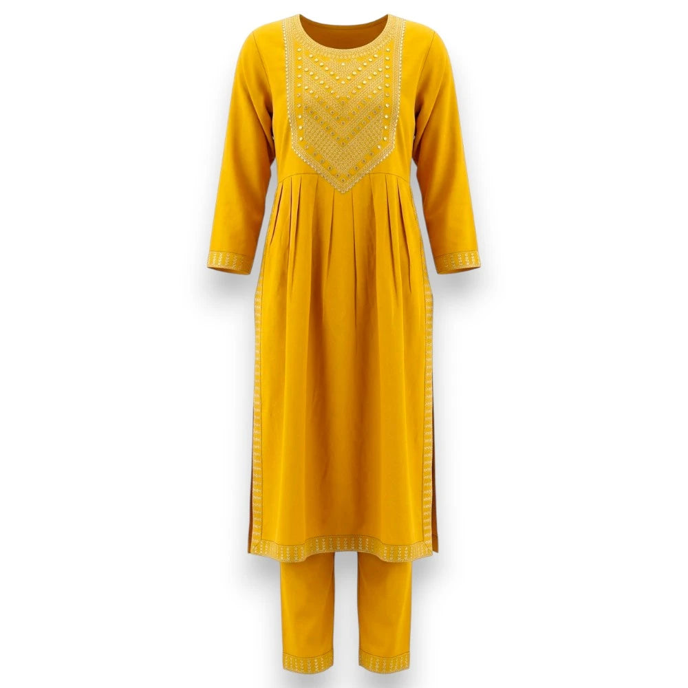 Yellow Cotton Fabric Kurthi & Suruwal Set  - Size 42