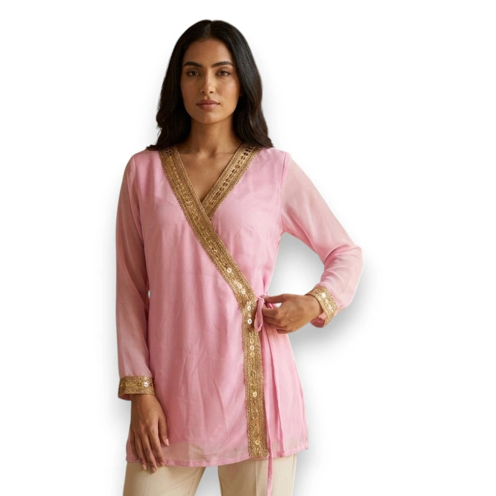 Short Pink Kurti with Gold Lace Border